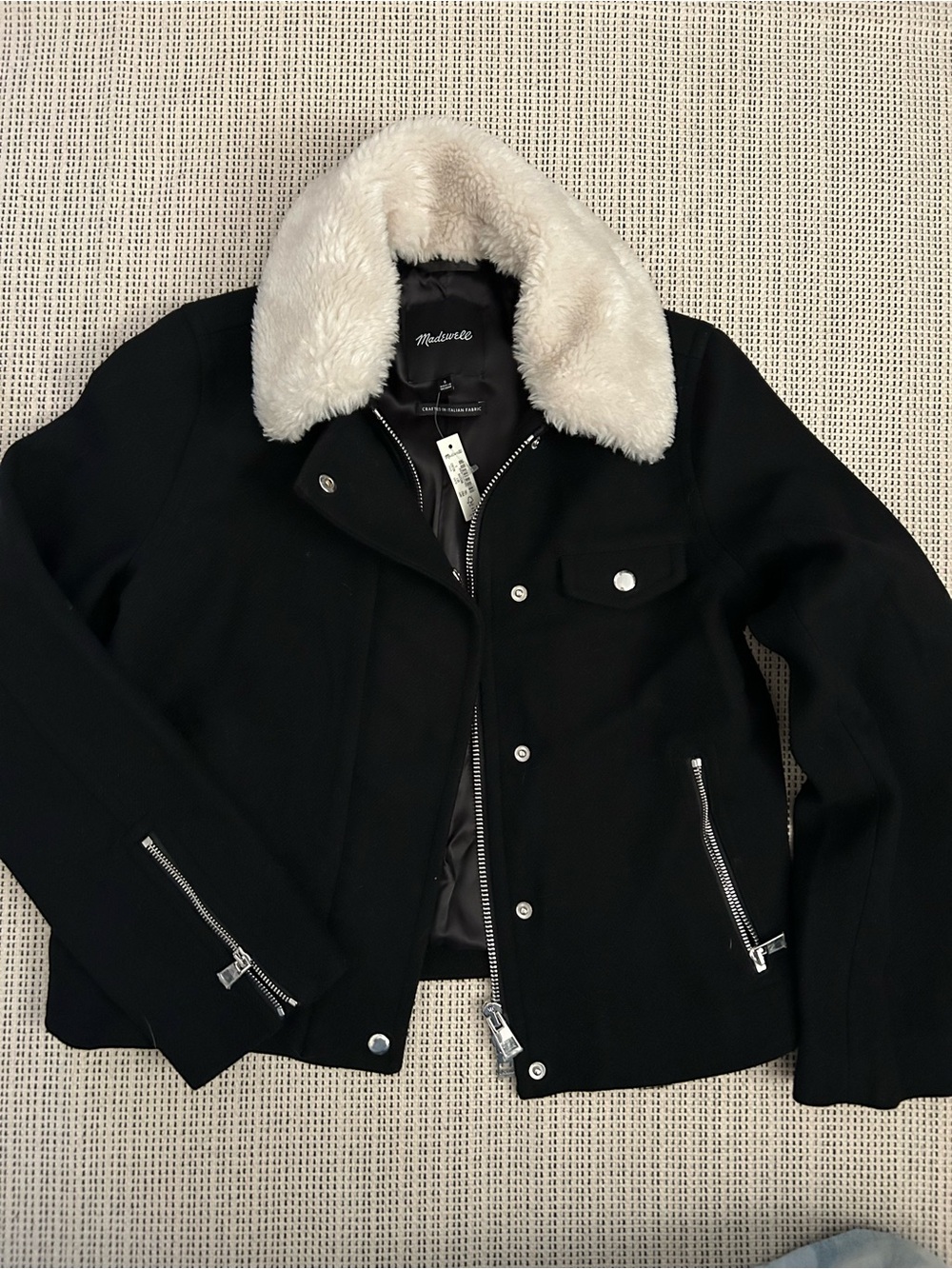 Madewell Black Jacket with Cream Faux Fur Collar